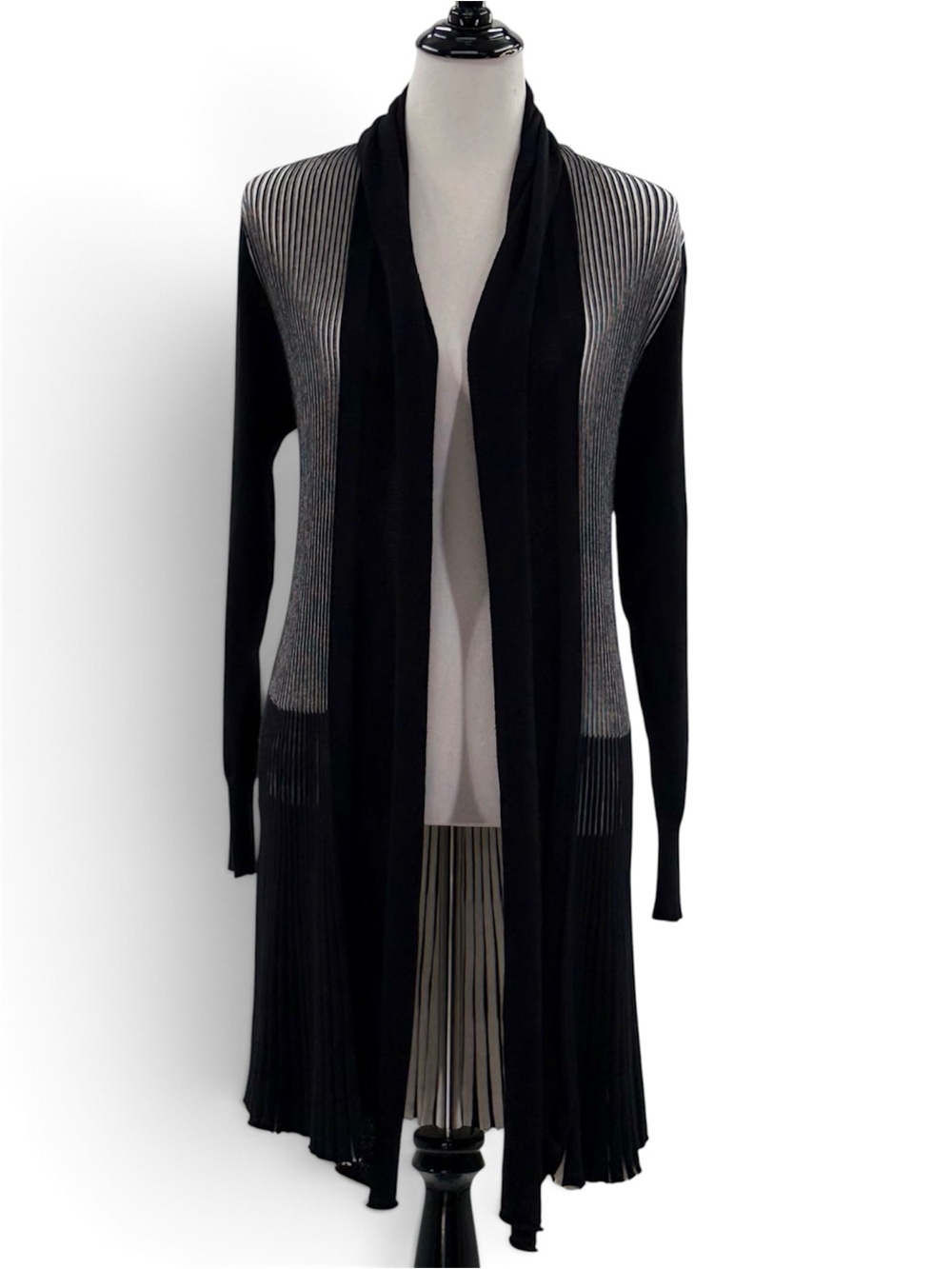High Secret Black Ivory Pleated Longline Cardigan Duster Open Front Medium